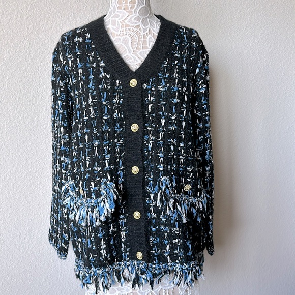 Anthropologie Tweed Fringe Cardigan Sweater Size M - Picture 4 of 8